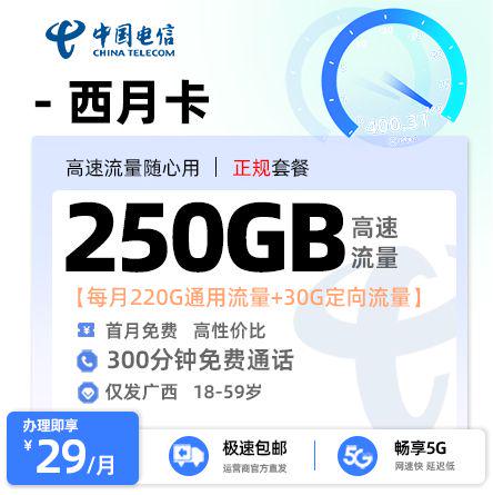 电信西月卡29元享250G流量+300分钟通话【广西专属】